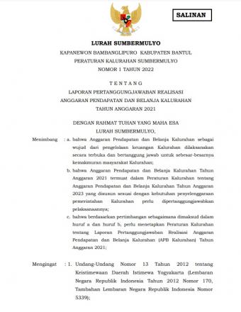 Perkal Nomor 1 Tahun 2022 tentang Laporan Realisasi APBKal 2021