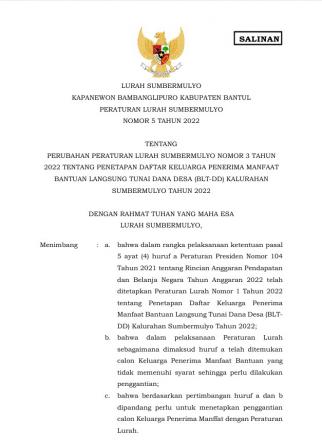 Perlur no.5 tahun 2022 tentang Perubahan KPM BLT DD