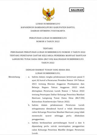 Perlur no.6 th 2022 tentang perubahan perlur no.5 th 2022 tentang penetapan KPM BLT DD