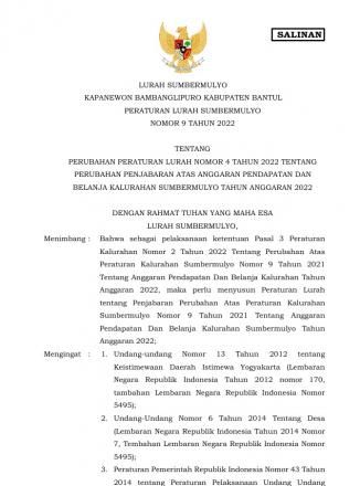 Perlur no.9 tahun 2022 tentang Perubahan Perlur no.4 tahun 2022 tentang Penjabaran APBKal tahun 2022