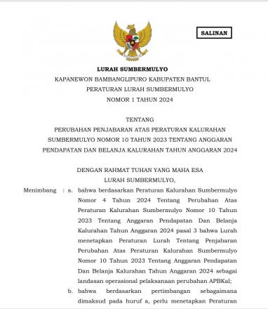 Perlur no.1 tahun 2024 tentang Perubahan Penjabaran APBKal